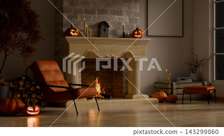 Halloween 3D Illustration of Cozy Living Room with Fireplace, Jack o Lanterns and Autumn Decorations Halloween 3D Illustration of Cozy Living Room with Fireplace, Jack o Lanterns and Autumn Decorations 143299860
