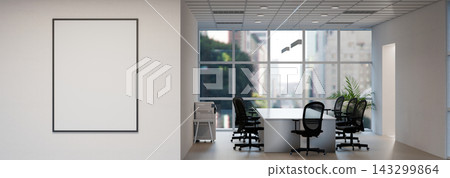 3D Illustration of Modern Office Interior with Blank Frame Mockup, Desk, Chairs, and City Window View 143299864