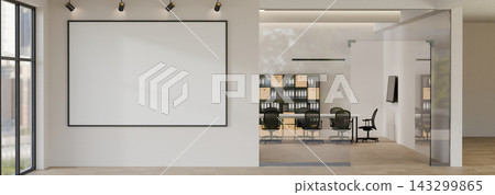 3D Illustration of Modern Office Interior with Glass Partition, Blank Frame, and Conference Room 3D Illustration of Modern Office Interior with Glass Partition, Blank Frame, and Conference Room 143299865