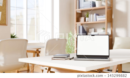 3D Illustration of Laptop with Blank White Screen on Clean Modern Workspace Desk with Notebooks and Bookshelf 3D Illustration of Laptop with Blank White Screen on Clean Modern Workspace Desk with Notebooks and Bookshelf 143299882