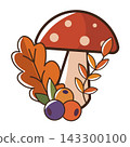 Autumn mushrooms, nuts, and fallen leaves. Autumn wildflowers in the countryside. Wild vegetables and autumn plants. Vector illustration 143300100