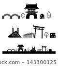 一組山口縣旅遊景點的剪影插圖(錦帶橋、元之隅神社、高山寺、聖若望紀念教堂和街景)。 一組山口縣旅遊景點的剪影插圖(錦帶橋、元之隅神社、高山寺、聖若望紀念教堂和街景)。 143300125