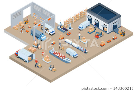 Automated Warehouse and Logistics System with AGV Isometric Illustration Automated Warehouse and Logistics System with AGV Isometric Illustration 143300215