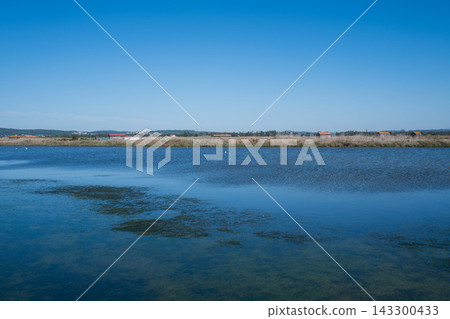 Calm blue waters of coastal salt marsh lagoon with rural village on horizon Calm blue waters of coastal salt marsh lagoon with rural village on horizon 143300433