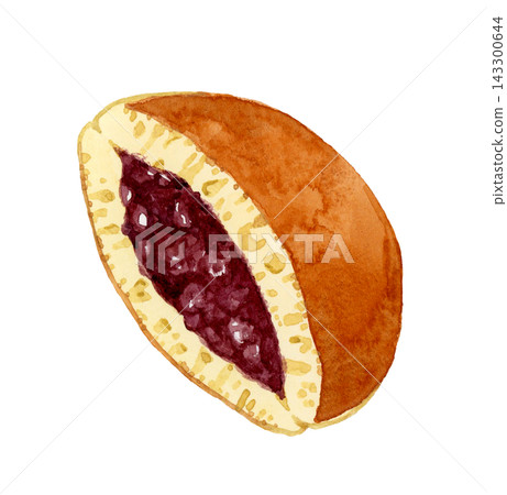 A hand-drawn watercolor illustration of a dorayaki (Japanese sweet pancake) cut in half. A hand-drawn watercolor illustration of a dorayaki (Japanese sweet pancake) cut in half. 143300644