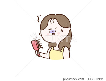 一位女士震驚地發現她的髮刷上沾滿了頭髮（脫髮/頭髮稀疏）。 143300994