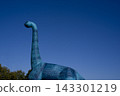 A landscape featuring dinosaurs. A blue dinosaur, created for an event, stands against a blue sky. 143301219