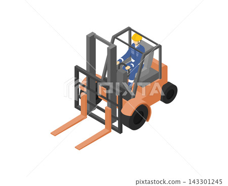 等距圖:工人操作堆高機(正面視圖) 等距圖:工人操作堆高機(正面視圖) 143301245