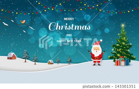 Merry Christmas and Happy new year,Celebrate themed with cute Santa Claus on countryside landscape background Merry Christmas and Happy new year,Celebrate themed with cute Santa Claus on countryside landscape background 143301351