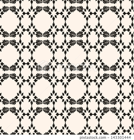 Seamless black floral lattice pattern on warm cream background, featuring repeated ornamental leaf motifs and symmetrical geometric spacing for elegant wallpaper, fabric, wrapping paper, and decor use Seamless black floral lattice pattern on warm cream background, featuring repeated ornamental leaf motifs and symmetrical geometric spacing for elegant wallpaper, fabric, wrapping paper, and decor use 143301444
