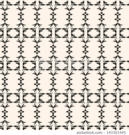 Repeating ornamental design with black botanical shapes arranged in geometric lattice across soft beige background, suitable for wallpaper, textile print, wrapping paper, home decor and elegant. Repeating ornamental design with black botanical shapes arranged in geometric lattice across soft beige background, suitable for wallpaper, textile print, wrapping paper, home decor and elegant. 143301445