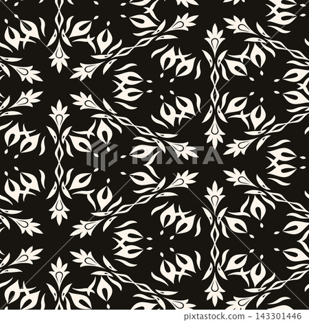 Repeating black and ivory floral ornament with mirrored leaf shapes, flowing curves, and balanced symmetry, creating decorative backdrop for wallpaper, textiles, packaging, and interiors 143301446