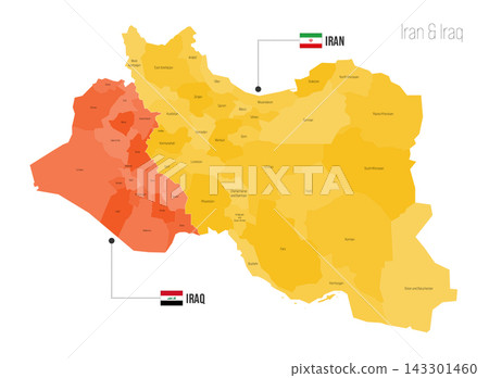 Iran and Iraq regional political map. Administrative divisions of Iran, Iraq Vector map isolated on white background with flags and country name labels. Iran and Iraq regional political map. Administrative divisions of Iran, Iraq Vector map isolated on white background with flags and country name labels. 143301460
