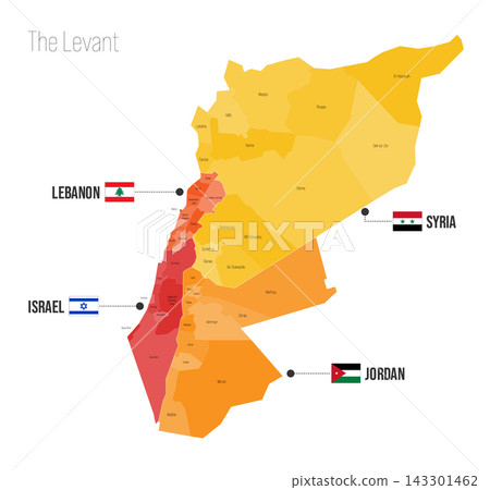 The Levant regional political map. Administrative divisions of Lebanon, Syria, Israel, Jordan Vector map isolated on white background with flags and country name labels. The Levant regional political map. Administrative divisions of Lebanon, Syria, Israel, Jordan Vector map isolated on white background with flags and country name labels. 143301462