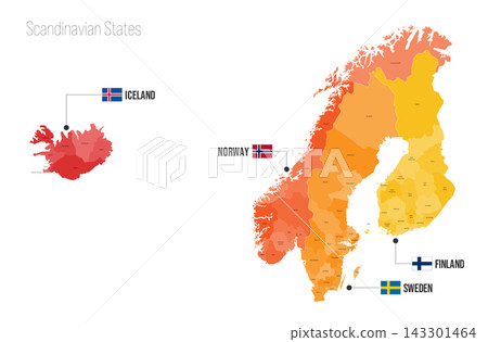 Scandinavian States regional political map. Administrative divisions of Iceland, Norway, Sweden, Finland Vector map isolated on white background with flags and country name labels. Scandinavian States regional political map. Administrative divisions of Iceland, Norway, Sweden, Finland Vector map isolated on white background with flags and country name labels. 143301464