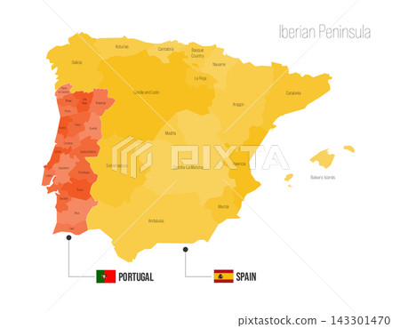 Iberian Peninsula regional political map. Administrative divisions of Portugal, Spain Vector map isolated on white background with flags and country name labels. Iberian Peninsula regional political map. Administrative divisions of Portugal, Spain Vector map isolated on white background with flags and country name labels. 143301470