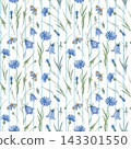 Watercolor floral seamless pattern with bluebells, cornflowers and butterflies. Hand drawn design with blue meadow wildflowers. 143301550
