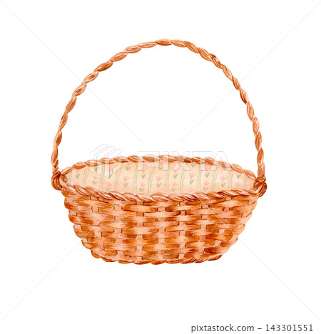 Hand drawn watercolor wicker basket with braided handle and floral fabric liner. Pastel woven hamper isolated object Hand drawn watercolor wicker basket with braided handle and floral fabric liner. Pastel woven hamper isolated object 143301551