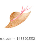Hand drawn watercolor straw sun hat with wide brim and pink ribbon. Pastel summer fashion accessory isolated on white. 143301552