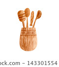 Hand drawn watercolor set of wooden kitchen utensils with spoons and honey dipper in a decorative holder.  143301554