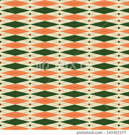 Retro Christmas argyle pattern with green, orange, and cream diamonds 143301577