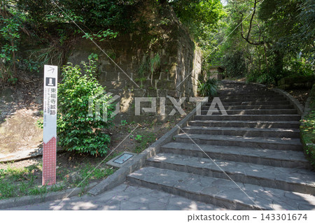 Stone steps and old stone walls leading to the ruins of Tofukuji Castle Stone steps and old stone walls leading to the ruins of Tofukuji Castle 143301674