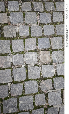 Cobblestone pavement with gray stones and green moss growing between the gaps, creating a textured surface in an outdoor setting 143301692
