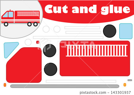 Fire truck in cartoon style, education game for the development of preschool children, use scissors and glue to create the applique, cut parts of the image and glue on the paper, vector illustration 143301937