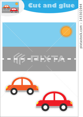 Cars in cartoon style, education game for the development of preschool children, use scissors and glue to create the applique, cut parts of the image and glue on the paper, vector illustration Cars in cartoon style, education game for the development of preschool children, use scissors and glue to create the applique, cut parts of the image and glue on the paper, vector illustration 143301944
