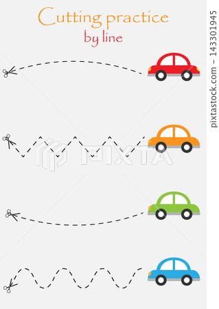 Cars in cartoon style, education cut game for the development of preschool children, use scissors, cutting practice by line, vector illustration Cars in cartoon style, education cut game for the development of preschool children, use scissors, cutting practice by line, vector illustration 143301945