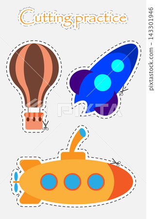 Air balloon, rocket and submarine in cartoon style, cutting practice, education game for the development of preschool children, use scissors, cut the images, vector illustration Air balloon, rocket and submarine in cartoon style, cutting practice, education game for the development of preschool children, use scissors, cut the images, vector illustration 143301946