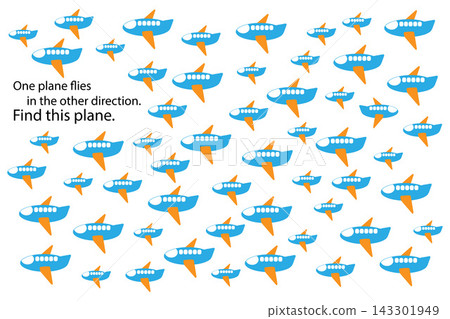 Find different plane, fun education puzzle game with transport for children, preschool worksheet activity for kids, task for the development of logical thinking and mind, vector illustration 143301949