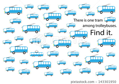 Find tram among trolleybuses, fun education puzzle game with transport for children, preschool worksheet activity for kids, task for the development of logical thinking and mind, vector illustration 143301950