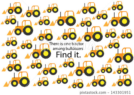 Find tractor among bulldozers, fun education puzzle game with transport for children, preschool worksheet activity for kids, task for the development of logical thinking and mind, vector illustration Find tractor among bulldozers, fun education puzzle game with transport for children, preschool worksheet activity for kids, task for the development of logical thinking and mind, vector illustration 143301951
