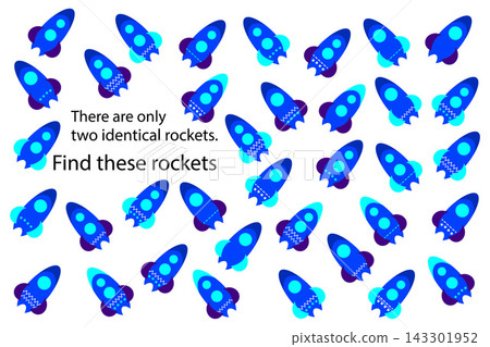 Find only two same rockets, fun education puzzle game with transport for children, preschool worksheet activity for kids, task for the development of logical thinking and mind, vector illustration Find only two same rockets, fun education puzzle game with transport for children, preschool worksheet activity for kids, task for the development of logical thinking and mind, vector illustration 143301952
