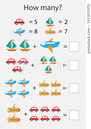 How many counting game with transport for kids, educational maths task for the development of logical thinking, preschool worksheet activity, count and write the result, vector illustration How many counting game with transport for kids, educational maths task for the development of logical thinking, preschool worksheet activity, count and write the result, vector illustration 143301970