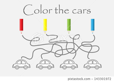 Labyrinth game, maze and coloring the cars, preschool worksheet activity for kids, task for the development of logical thinking, vector illustration 143301972