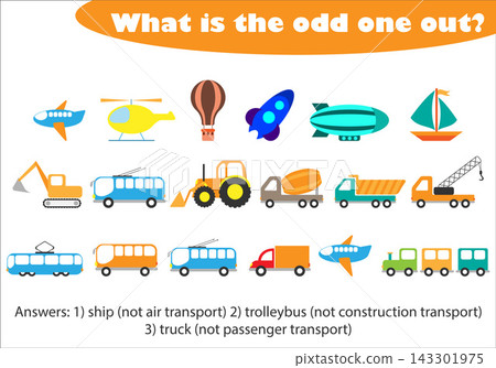 What is the odd one out for children, transport in cartoon style, fun education game for kids, preschool worksheet activity, task for the development of logical thinking, vector illustration 143301975