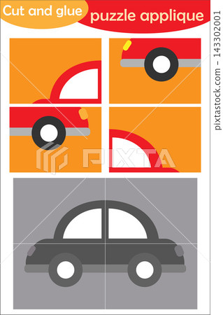 Car in cartoon style, education puzzle game for development of preschool children, use scissors and glue to create the applique, cut parts of the image and glue on paper, vector illustration Car in cartoon style, education puzzle game for development of preschool children, use scissors and glue to create the applique, cut parts of the image and glue on paper, vector illustration 143302001
