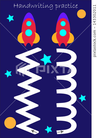 Draw track of two rockets, handwriting practice sheet for both hands, kids preschool activity, development children game, left and right hemispheres of the brain, writing training, vector illustration Draw track of two rockets, handwriting practice sheet for both hands, kids preschool activity, development children game, left and right hemispheres of the brain, writing training, vector illustration 143302011