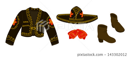Flat lay illustration of black embroidered jacket, decorated sombrero, red neckerchief, and brown ankle boots on a white background Flat lay illustration of black embroidered jacket, decorated sombrero, red neckerchief, and brown ankle boots on a white background 143302012