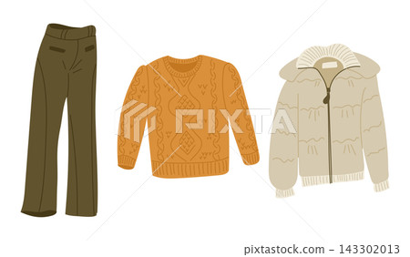 Illustrated winter clothing set with olive trousers, orange cable knit sweater, and cream quilted jacket arranged against a clean white background flat lay 143302013