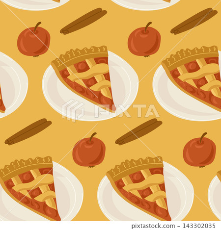 Pattern design featuring slices of apple pie on white plates, red apples, and cinnamon sticks against a yellow background, ideal for seasonal decorations or culinary themes Pattern design featuring slices of apple pie on white plates, red apples, and cinnamon sticks against a yellow background, ideal for seasonal decorations or culinary themes 143302035
