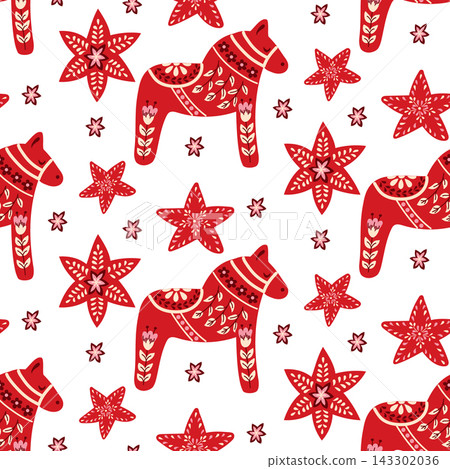 Red decorative horse and star pattern illustration on a white background, featuring traditional Scandinavian design elements and vibrant colors Red decorative horse and star pattern illustration on a white background, featuring traditional Scandinavian design elements and vibrant colors 143302036