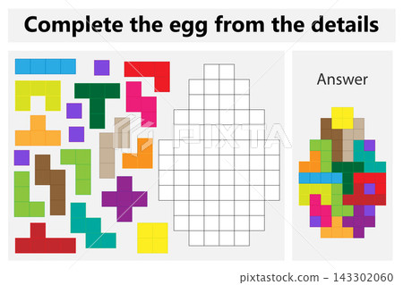 Puzzle game with colorful details for children, complete the egg, hard level, education game for kids, preschool worksheet activity, task for the development of logical thinking, vector illustration Puzzle game with colorful details for children, complete the egg, hard level, education game for kids, preschool worksheet activity, task for the development of logical thinking, vector illustration 143302060