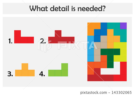 Puzzle game with colorful details for children, choose needed detail, easy level, education game for kids, preschool worksheet activity, task for development of logical thinking, vector illustration Puzzle game with colorful details for children, choose needed detail, easy level, education game for kids, preschool worksheet activity, task for development of logical thinking, vector illustration 143302065