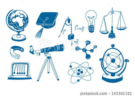 Educational science illustration featuring globe, telescope, light bulb, scales, and various scientific symbols on a white background for academic use Educational science illustration featuring globe, telescope, light bulb, scales, and various scientific symbols on a white background for academic use 143302182