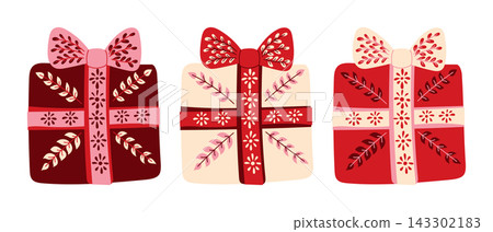Three colorful gift boxes with decorative bows and floral patterns, arranged in a row, showcasing a festive design suitable for various celebrations Three colorful gift boxes with decorative bows and floral patterns, arranged in a row, showcasing a festive design suitable for various celebrations 143302183