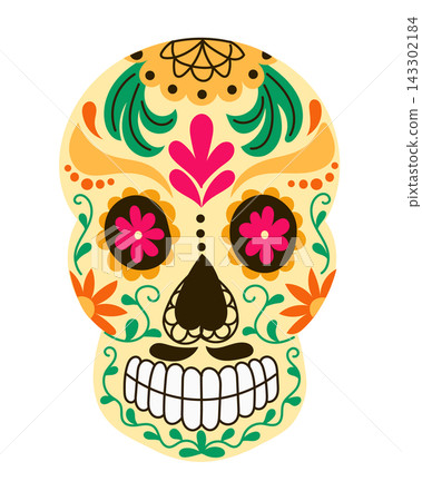 Colorful sugar skull illustration with floral designs and intricate patterns, representing traditional Mexican Day of the Dead celebrations and cultural significance 143302184