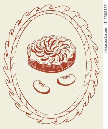 Illustration of a decorative pie with floral design surrounded by two almonds on a light background, framed by a braided border in a vintage style 143302185